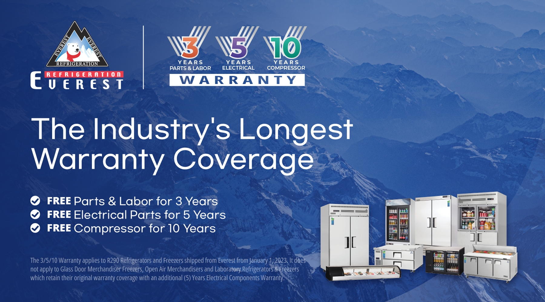Advertisement for Everest Refrigeration with warranty coverage details