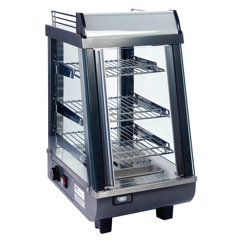 Winco, HDM-13, Display Case, Hot Food, Countertop, 120V, Hinged Doors, 3 Shelves